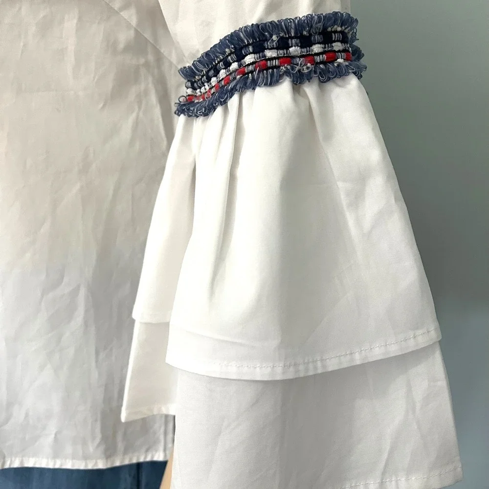 Few Moda White Ruffle Sleeve Boho Top‎ Cotton Blouse Small New - Picture 9 of 10